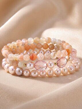Dainty Bracelet Set, Pearl & Sakura Agate Gemstone Stretch Bracelet, OOAK